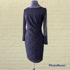 Chaps Sheath Mesh Top Dress Floral Lace Overlay